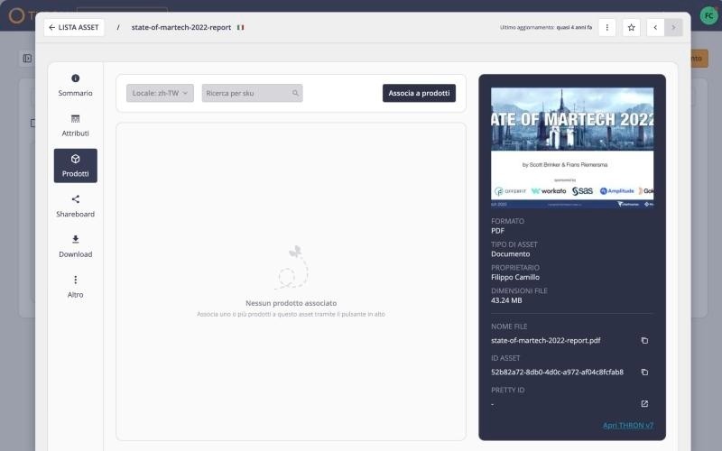 Tab Prodotti nella scheda dell'asset con il pulsante Associa a prodotti e lo stato vuoto