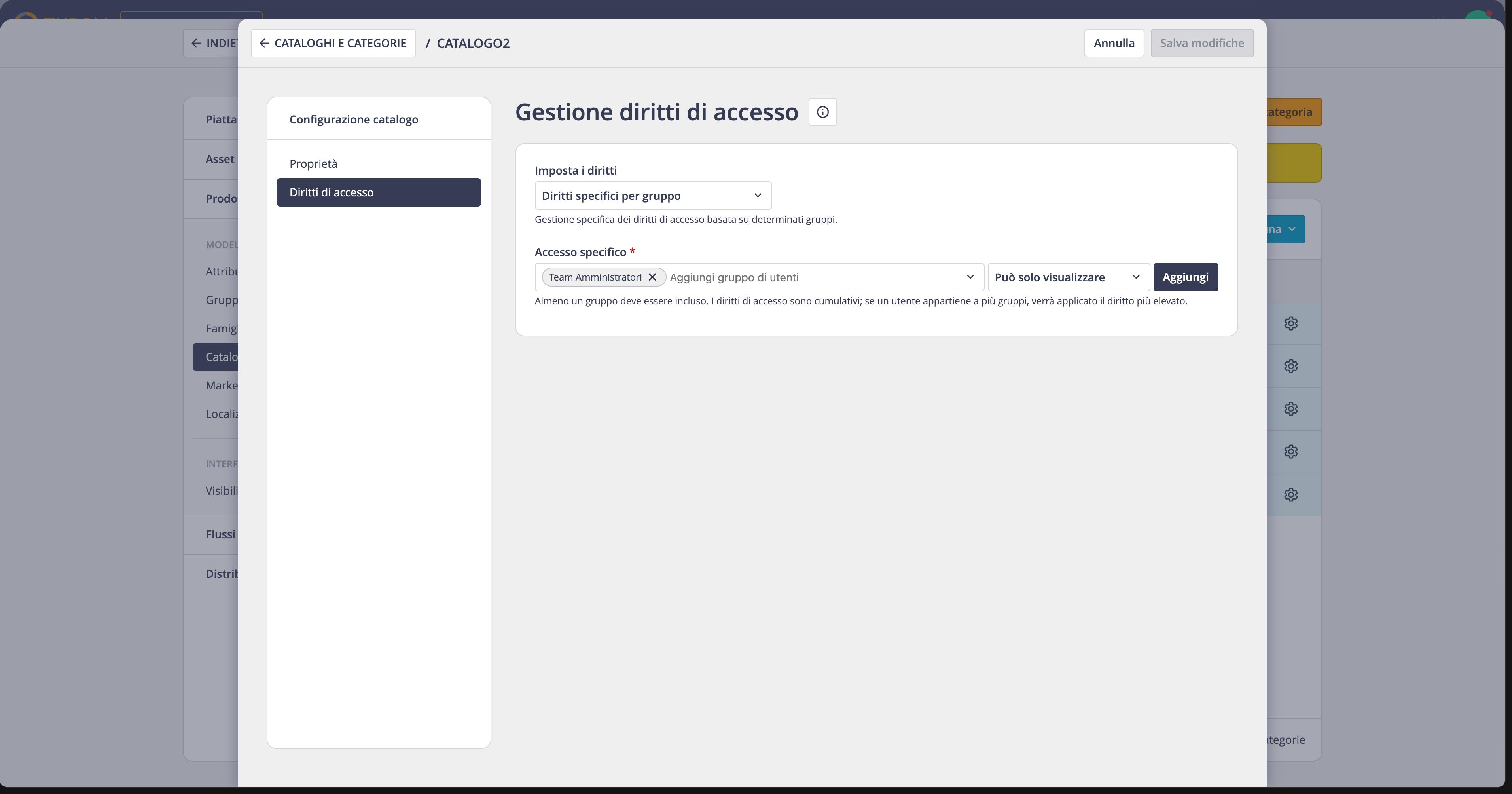 Configuration of specific permissions by group with a group added and access level selected
