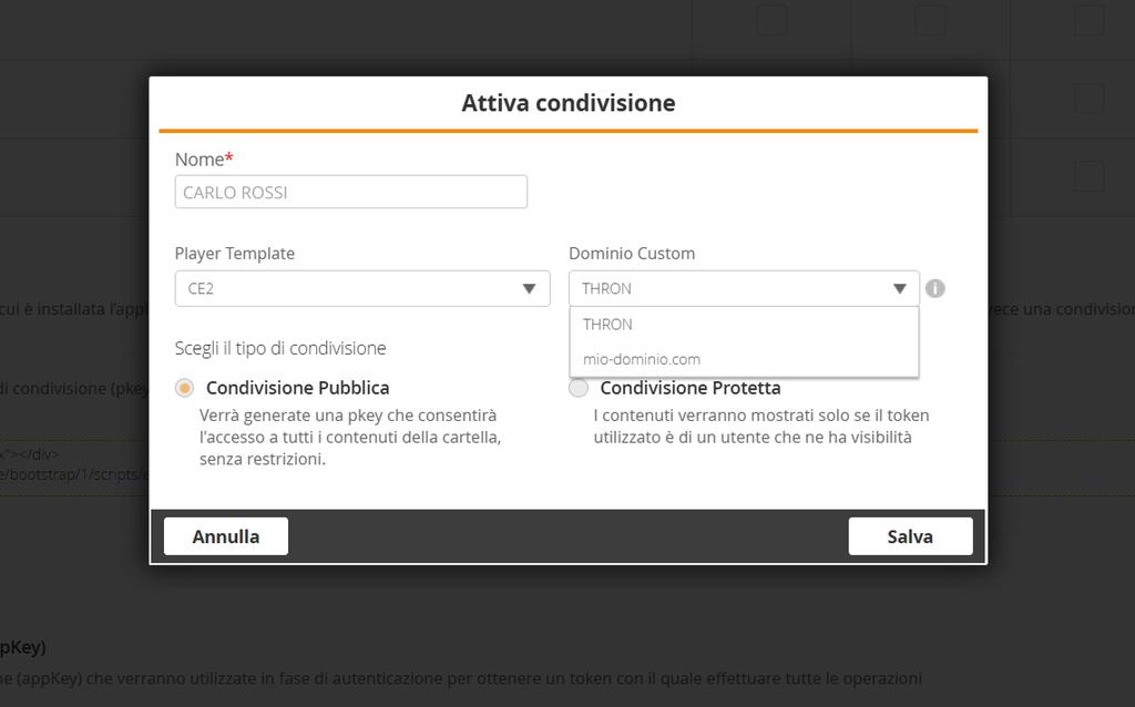 Modale Attiva condivisione con il campo Dominio Custom aperto sulla scelta del dominio