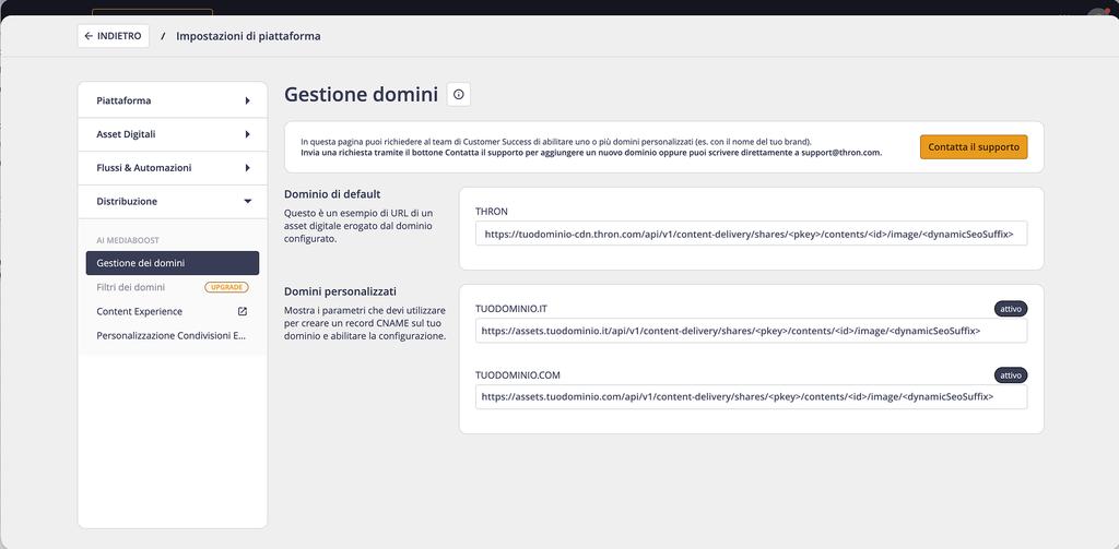 Pagina Gestione domini con il dominio di default THRON e due domini personalizzati attivi