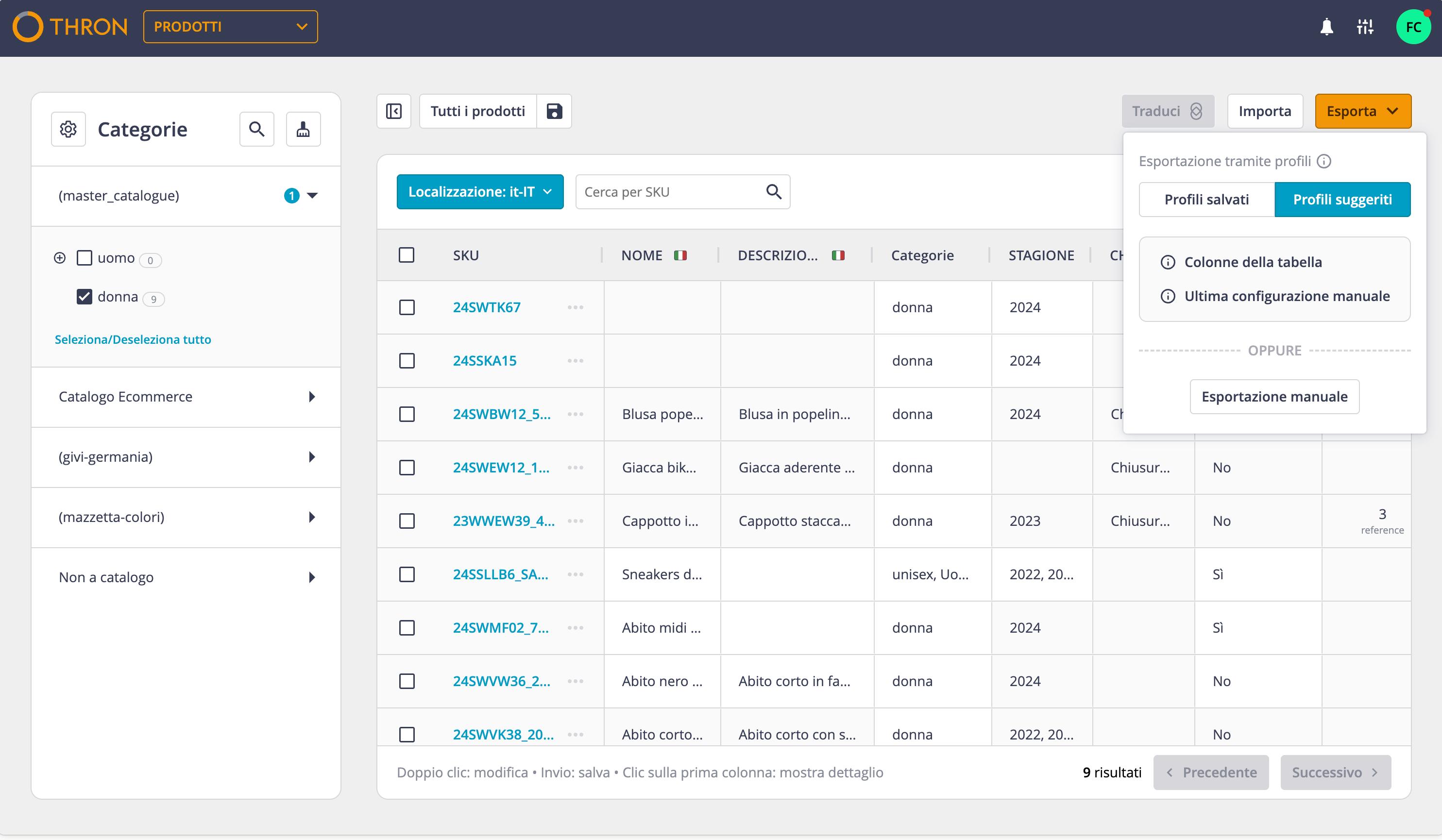 Export via profiles menu showing the Suggested profiles tab and the Manual export button