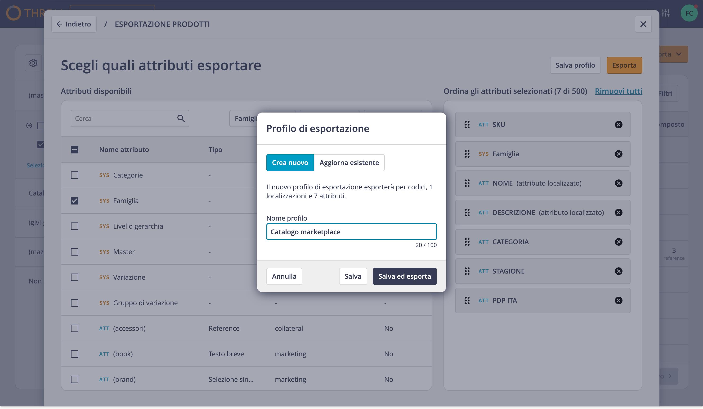 Export profile window with the Create new and Update existing options and the Profile name field