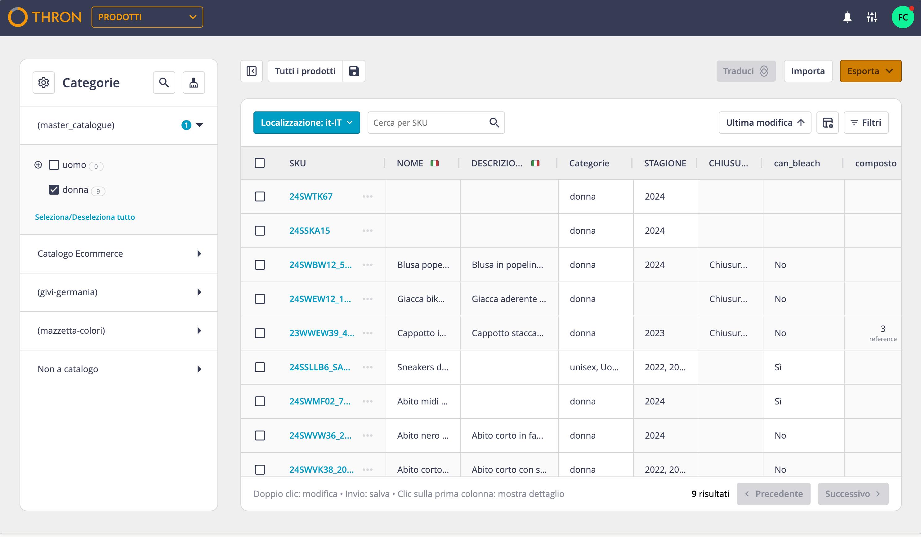 Export button in the product list screen