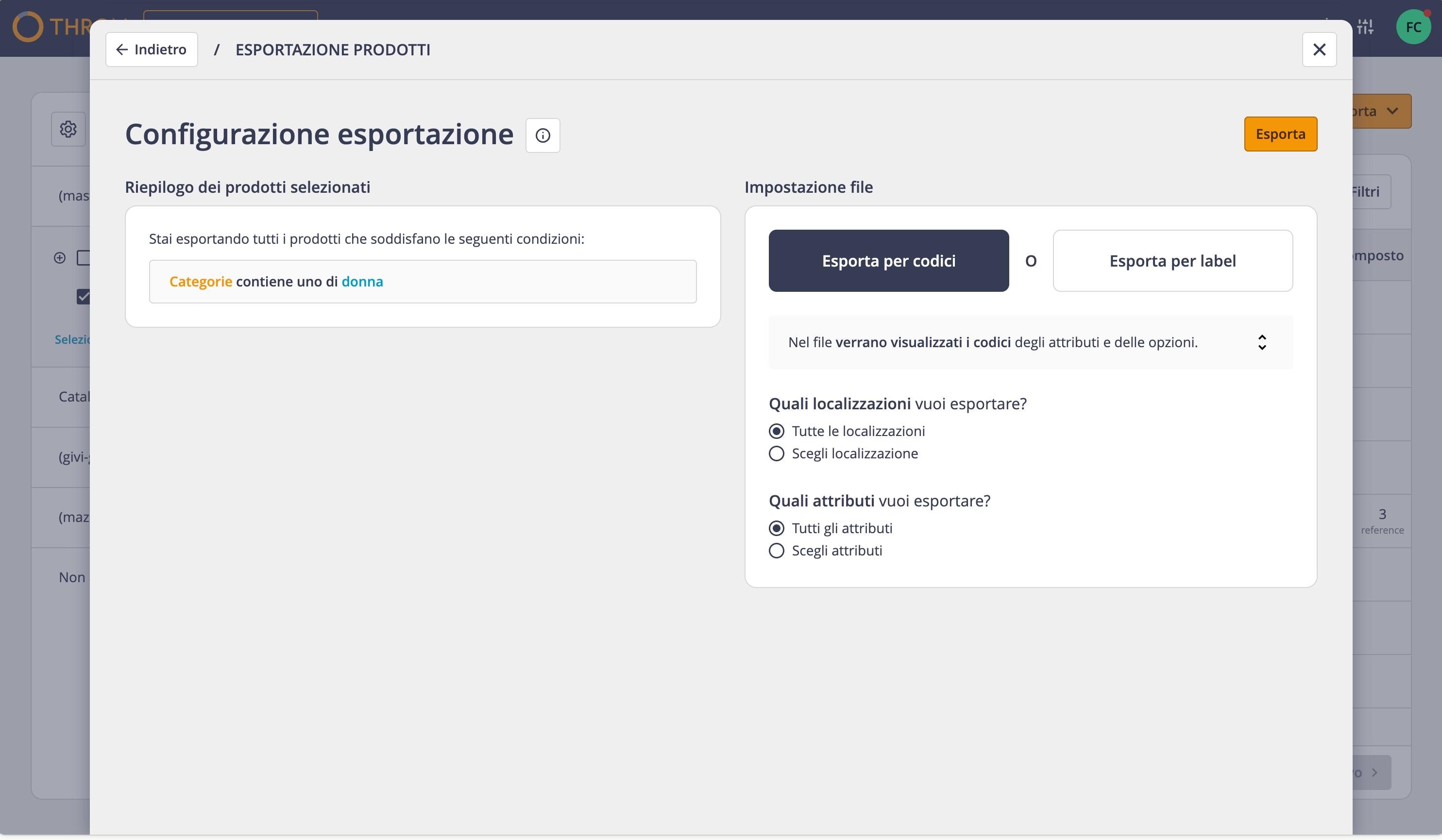 Modal window for configuring the export parameters
